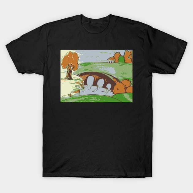 The bridge. Colorful Landscape Sketch Art Print Nature Trees And Water Hand Drawing, Green Orange And Brown Colors Version 1/2 T-Shirt by Modern Art